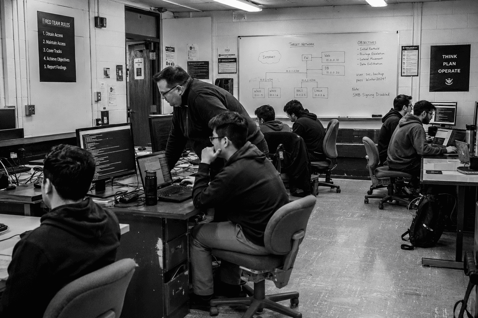 Laboratorio universitario de ciberseguridad durante un ejercicio de Red Team