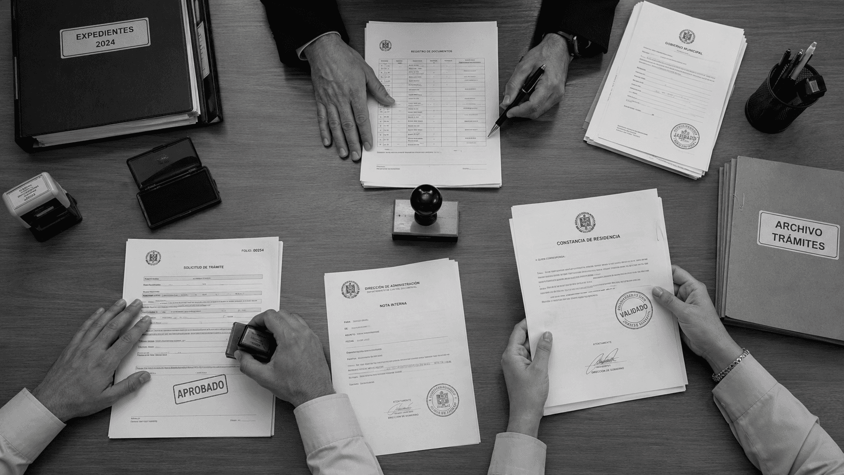 Mesa de trabajo con un expediente de contratación pública siendo revisado