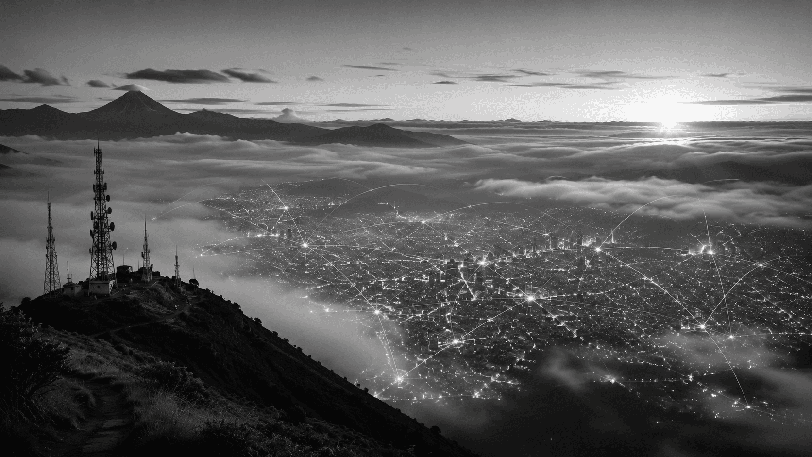 Quito al amanecer con trazos de red conectando la ciudad
