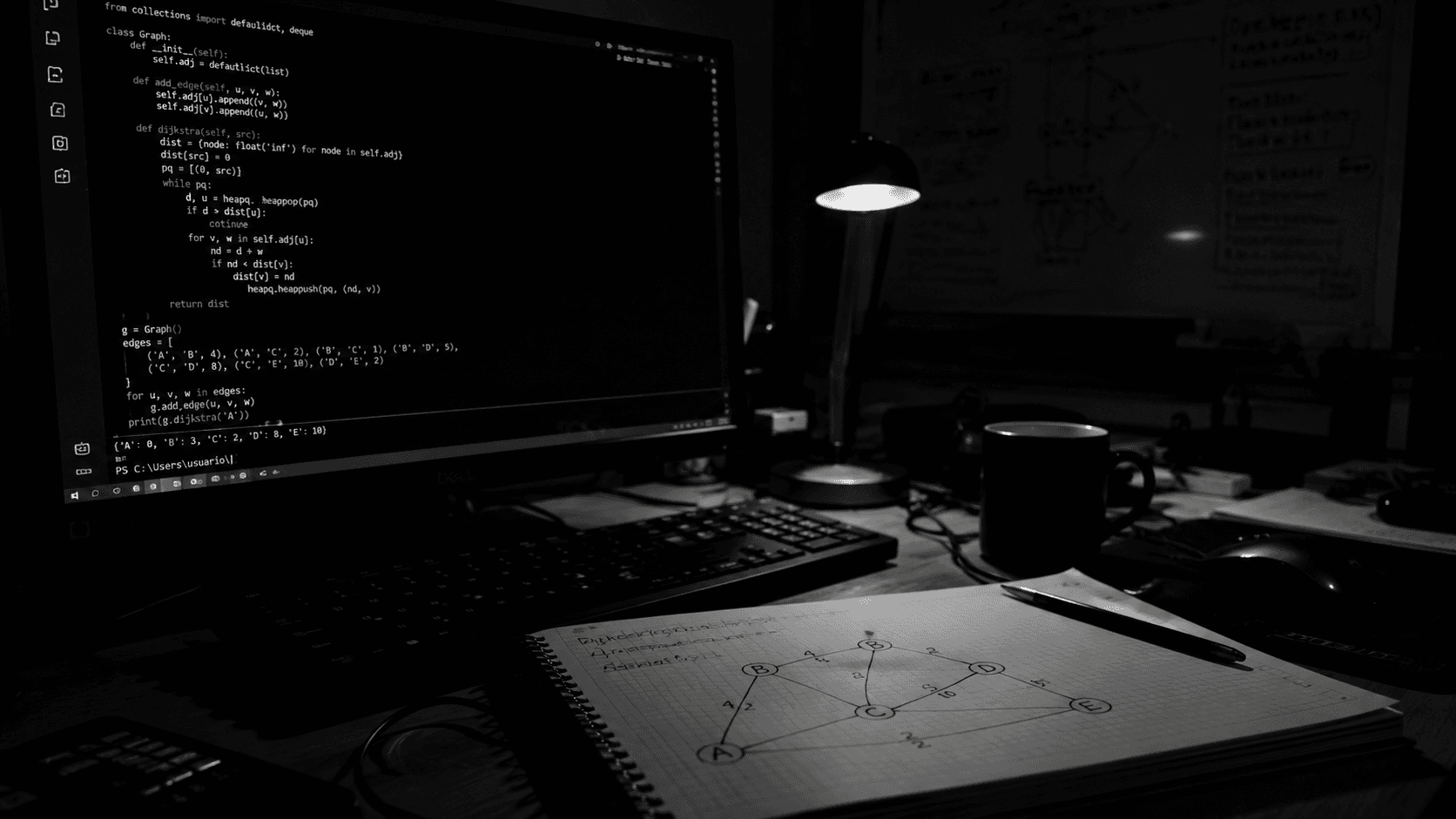 Escritorio de ingeniería de madrugada con un terminal abierto