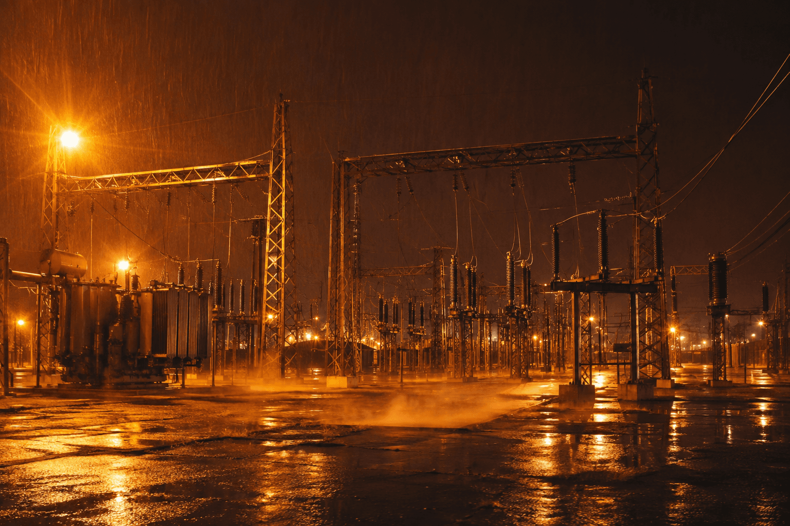 Subestación eléctrica de alta tensión de noche bajo lluvia