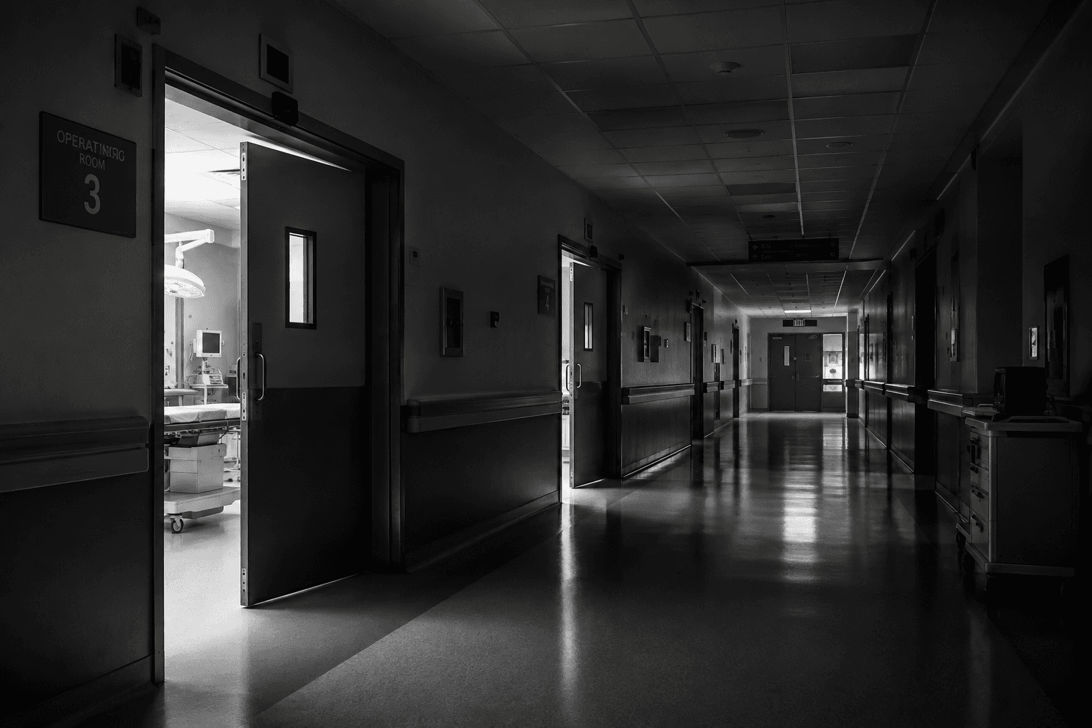 Pasillo de hospital vacío de madrugada con luz saliendo del quirófano