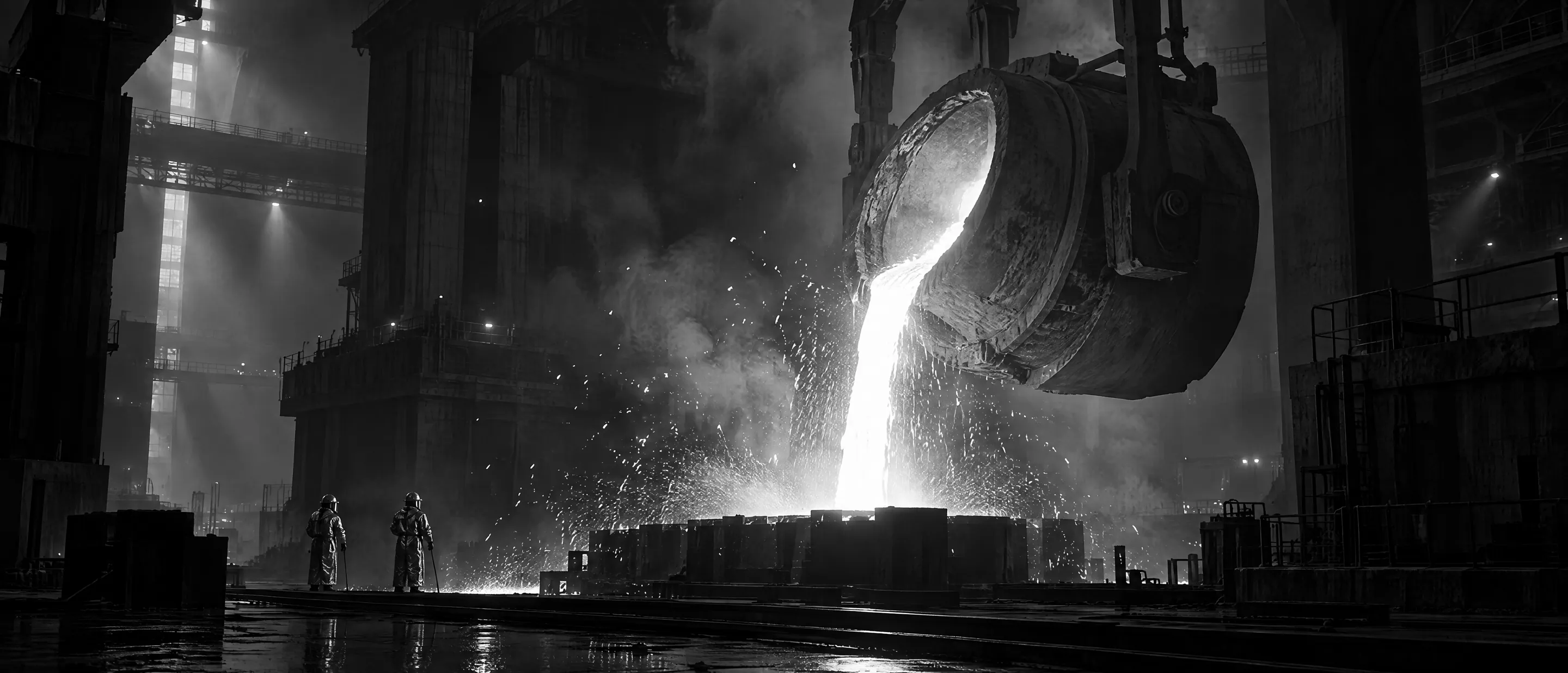 Metal fundido al rojo blanco vertiéndose en una fundición oscura