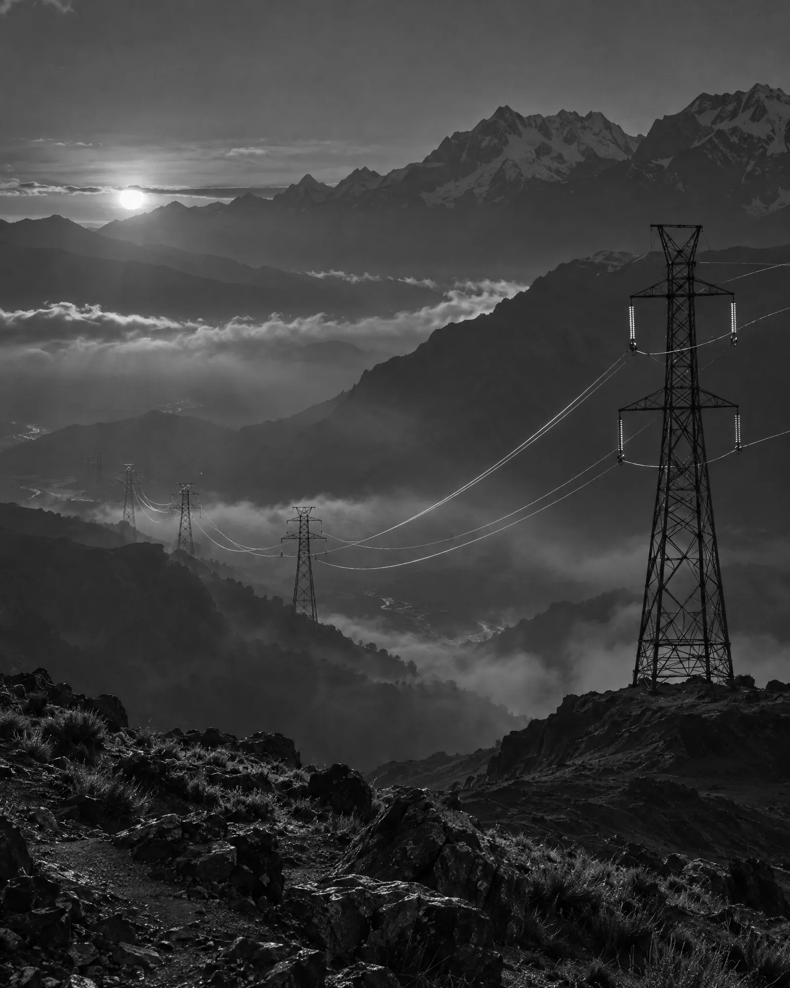 Torres de alta tensión cruzando una cresta andina con niebla