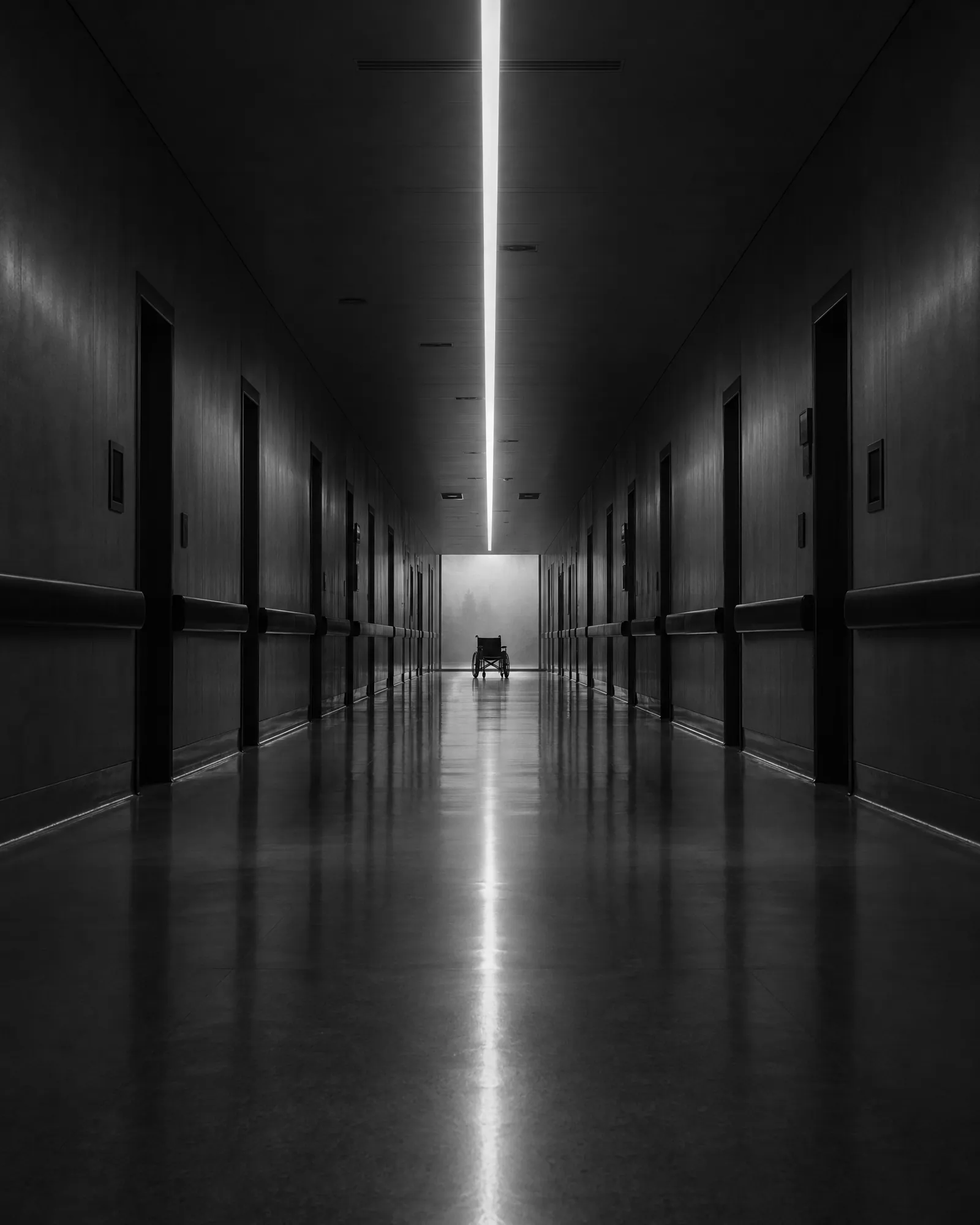 Pasillo de hospital iluminado por una línea de luz